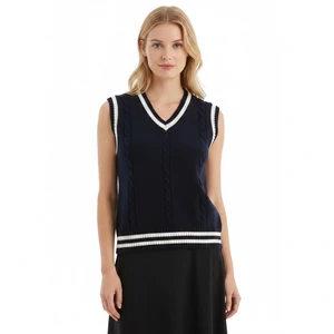 Low Moq Custom Women Knit Vest V-neck Preppy Style Casual Knitted Vest Stripe Sleeveless Knit Top Plus Size Ladies Vest Knitted