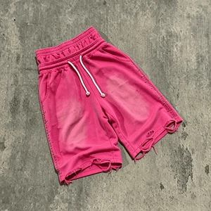 Custom Logo Men Baggy Double Elastic Waist Frayed Hem Hip Hop Streetwear Custom Hot Pink Washed Distressed Rivet Decor Shorts