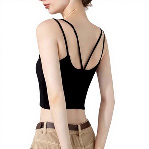 Women's Sweet Bow Knitted Camisole Tank Tops Vest Chest Pad Double Shoulder Strap One-piece Backless Summer Outerwear Bra