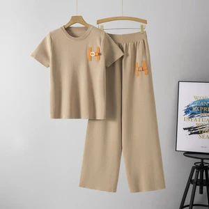 Women's Summer New Short-Sleeved Casual Sports Blazer Trendy Two-Piece Lazy Fashion Suit Wide-Leg Long Pants Cross-Border