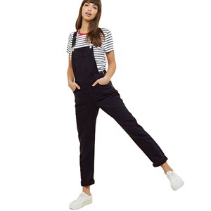 Elastic Cotton High Waist Breathable Vintage Print Straight Leg Black Denim Dungarees Rompers Loose Jean Overalls for Women