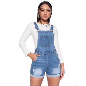 Fashion Lady Loose Strap Jeans Jumpsuit Bleach Wash Ripped Roll Hem Denim Overalls