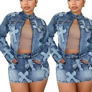 Fall Skinny Solid Casual Denim Two-piece Skirt and Jacket Set Breathable Designer Suit for European Women