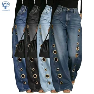 YUANBOFEI Women's Jeans Baggy Jeans Pants Vintage Wash High Waisted Blue Denim Casual Wide Leg Trousers with Side Eyelet Cutouts