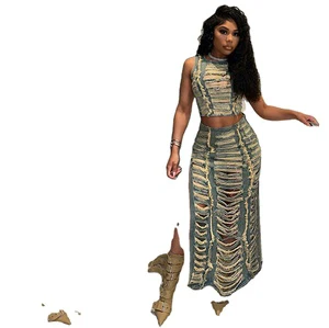 Chic European and American Women s Denim Twopiece Set With Handcrafted Vest and Split Skirt