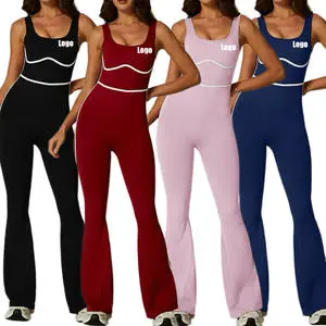 Women's Outdoor Tracksuit Contrast Color Sports Bodysuit Fitness One Piece Flared Gym Jumpsuit