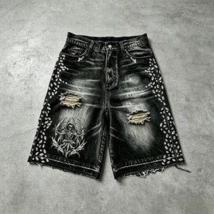 Mens Vintage Mid Black Washed Denim Bermuda Shorts Rhinestone Studded Skull Print Distressed Raw Hem Custom Streetwear 100%