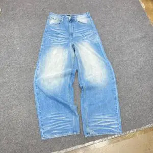 Custom Denim Factory High Quality Premium Distressed Vintage Wash Hip Hop Trendy Straight Leg Baggy Blue Jeans for Men