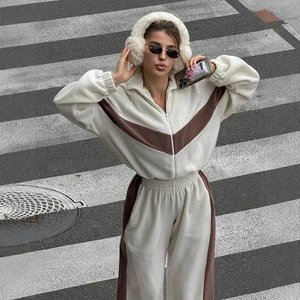 Style Set Casual Sports Suit Zipper Cardigan Trousers Two-Piece Velour Polka Dot Women