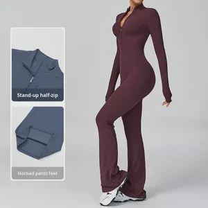 Long Sleeve Yoga Jumpsuit High-Intensity Fitness Sports One-Piece Bodysuit with Zipper Front Women