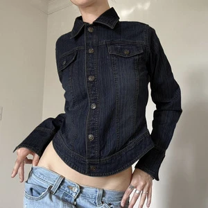Wholesale Women's Vintage Dark Blue Denim Casual Coat With Irregular Hem Lapel Long-Sleeved Denim Jacket 2024 Womens Clothes