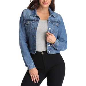 Women Denim Jacket Ladies Jeans Jacket Blue Long Sleeve 2 Front Pockets Jeans Jackets in Wholesale Price with Customized logo