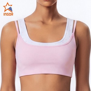 Custom Logo Womens Square Neck Sports Bra Double Strap Padded Yoga Bra Buttery Soft Workout Bra With Contrast Polka Dot Trim
