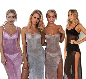 Sexy Sheer Net Mesh Knitted Glitter Tunic Beach Cover up Cover-ups Long Beach Dress Beach Wear Beachwear Female Women Robe V651
