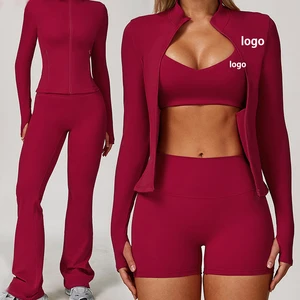 Ruifei Custom Logo Women's Fitness 4 Piece Set, Breathable Quick Dry Workout Top & Yoga Pants, Solid Pattern Gym Activewear
