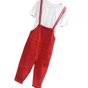Women's Red Summer 2025 Distressed Denim Overalls Regular Fit Wide Leg Bib Pocket Jumpsuit Mid Waist Washed Nylon/Cotton Casual