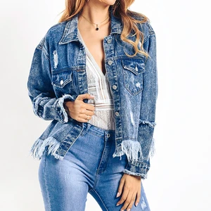 Stylish Regular Fit Casual Autumn/Winter Button Fringed Denim Jacket For Women