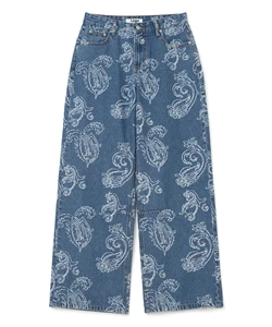 Custom High Waist Paisley Print Wide Leg Jeans Women Baggy Streetwear Y2K Denim Pants Vintage Blue Washed Hip Hop Trousers
