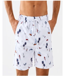 Men's Swim Shorts White Nautical Print Quick Dry Beach Trunks with Drawstring Waist Casual Summer Swimwear for Men