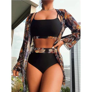 New Mujer Bikini Cover up Tunic Long Pareos Swim Coverup Robe Plage Beachwear Plant Printed Swimwear Three Piece Swimsuit Women