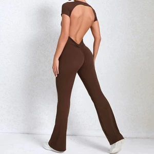 High Quality Custom Breathable Off-the-Shoulder Full-Length Flared Jumpsuit for Women Gym Sport One Piece Tight Push Workout