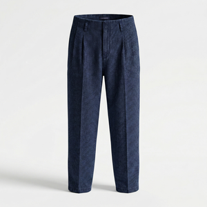 Mens Casual Denim Pleated Trousers 100% Cotton Summer Straight Mid Waist Zipper Fly Business Office Wear Mens Jeans Pant