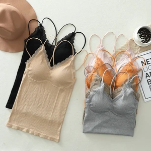 Free Size Seamless Nylon Spandex V-neck Padded Camisole With Built in Bra Vest and Tanktop With Pad