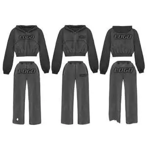 OEM Solid Color Short High Waist Flared Hooded Acid Wash Tracksuit Slightly Sports Casual Two-Piece Suit Custom Flare Pant