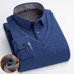 Men's Autumn Winter Warm Fleece Thickened Sweater Shirt False Two-piece Top Lapel Casual Long-sleeved Knitted Shirt