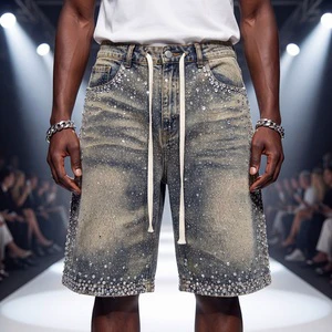 Cargo jeans distressed streetwear designer manufacturer sweat custom y2k baggy denim jorts men rhinestone denim shorts for men