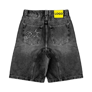 Customized Embroidered Stone Washed Denim Shorts Men Wide Balloon Leg Baggy Fit Distressing Fade Jorts Mid Waist Summer Style