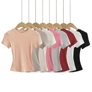 Summer Casual Women's Slim Fit Short Sleeve Sexy Crew Neck Solid Color Digital Printing Breathable Spandex Cotton T-Shirt
