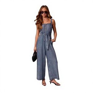 Women's Summer European American Style Denim High-Waisted Skinny Fit Streetwear Jumpsuit Washed Strap