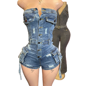 Women's Sexy High Stretch Overalls Shoulder Bodycon One Pieces Rompers Casual Summer Sleeveless Jeans Jumpsuits Pockets