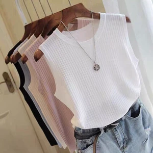 Women's Large Size Sleeveless Knit Tops Summer Vest and T-Shirt with Puff Printing Loose Bottoming Shirts and Thin Suspenders