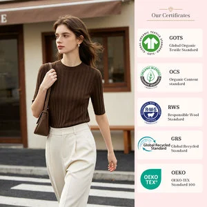 Women Slim Fit Ribbed Knit Wool Sweater Half Sleeve Crew Neck Thin Pullover Spring Summer Basic Soft Woolen Blouse 4 Colors