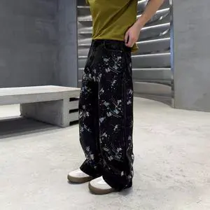 CustomlogoStreetwear Medium Stonewashed Mid Waist Straight-leg Denim Double Waistband Jeans Rhinestone Baggy Plus Size Men's