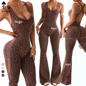 European American Women's Leopard Print Cross-Back Seamless One-Piece Yoga Suit Fitness Sports Casual Bodysuit & Jumpsuit