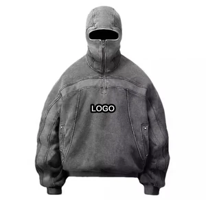 Custom French Terry Mens Ninja Hood Mask Zip Up Hoodie Black Zipper Balaclava Double Hooded Vintage Blank Acid Wash Hoodies