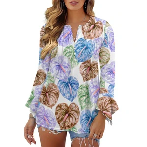 Custom Design Plus-Size Loose-Fit Women's V-Neck Button-Down T-Shirt Hawaiian Taro Leaf Pattern Breathable Eco-Friendly Stretch