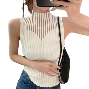 LHY Vintage Women's Patterns Crochet Knit Tops Plus Size Summer Waistcoat with Stretchy Turtleneck Camisole Breathable Mesh Vest