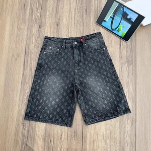 Men's Summer Black All-Over Printed Jacquard Denim Shorts Y2K Vintage Casual Eco-Friendly Washed Straight-Leg Mid-Length