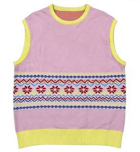 Pink Sweater Vest 100% Acrylic Sleeveless Vintage Fair Isle Snowflake Pattern For Casual Spring Autumn Layering