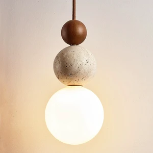 Modern Small Natural Stone with Wood and Glass Bubble Ball Pendant Light for Home and Coffee Shop