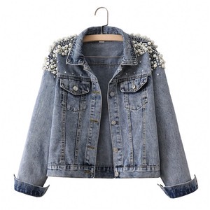 High Quality Vintage Denim Jacket For Women Quilted Pearl Jean Jackets Button Decoration Solid Pattern Streetwear Technique