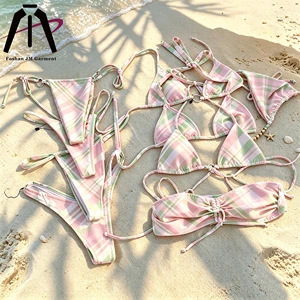 Hot Sale Luxury Designer High Waist Custom Bikini Set With Logo Manufacturer Women Plaid Swimwear Custom Two Piece Swimsuit