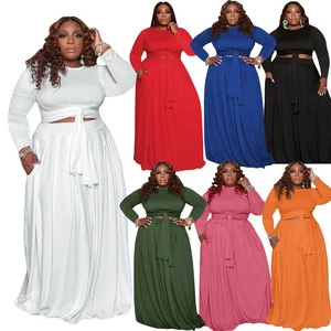 Fashion Plus Size Women's Clothing Ladies Solid Color T Shirt Crop Top Cross Tie Swing Dress Two Piece Skirts Sets Women