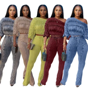 Denim Style Ladies Suit Solid Color Casual One Shoulder Ruched Top and Elastic Waist Drawstring Pants Two Piece Set Tracksuit