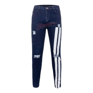 Classic Cowboy Hip Hop Men's Embroidered Utility Striped Denim Slim Fit Hole Jeans Casual Summer Lightweight