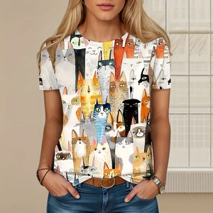 Women's Plus Size T-Shirt Weekend Fashion Sports Shirt with Black Cat Print Round Neck & Short Sleeve Regular Fit